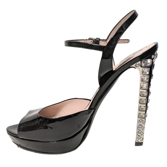MIU MIU Black Patent Crystal Heeled Platform Peep Toe Sandals 40 - Picture 6 of 13